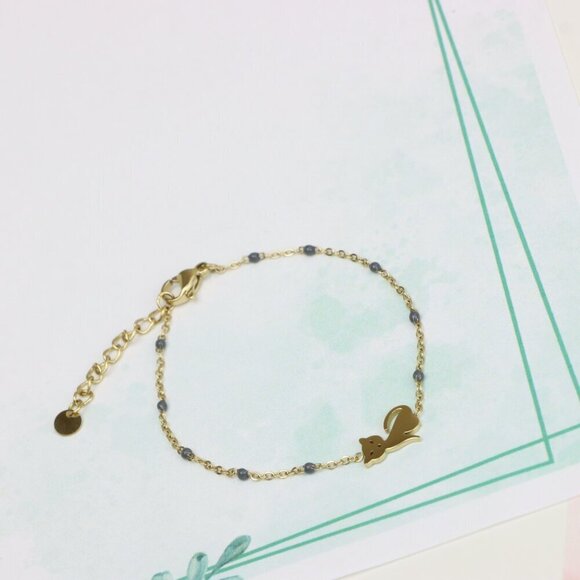 Cute Cat Design Yellow Gold Bracelet with Blue Bead Detailing, XPBL0614 - Picture 5 of 12